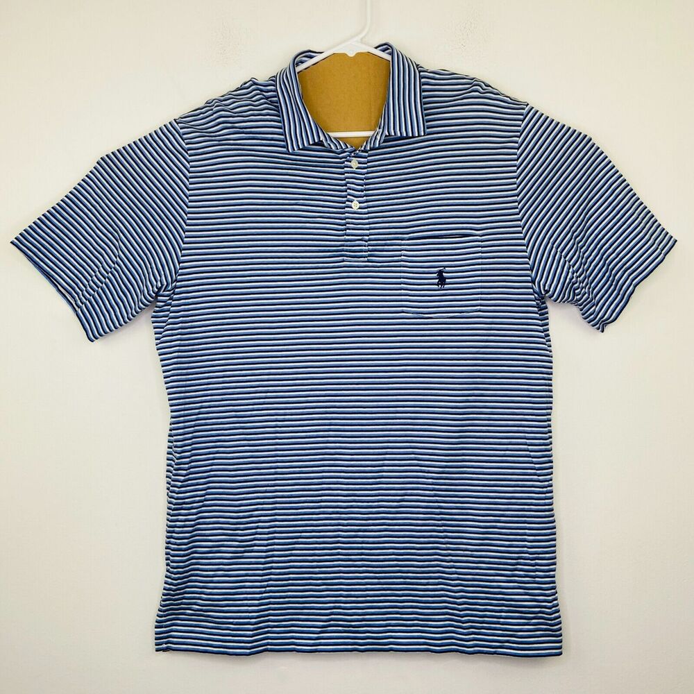 Ralph Lauren Men's Large Polo Shirt Blue White Striped Short Sleeve Golf BL20